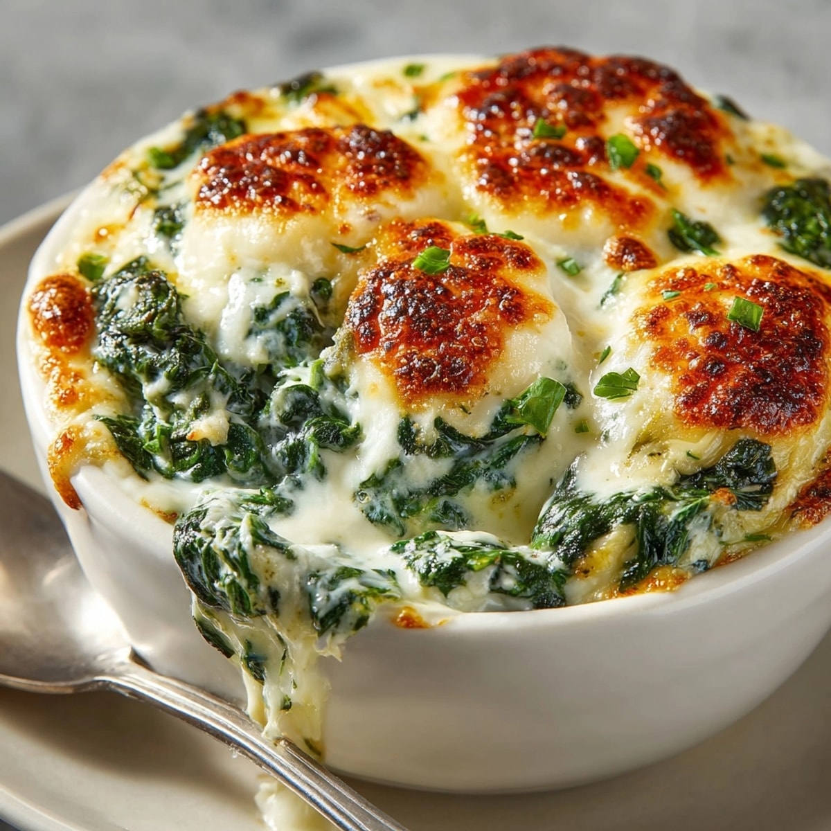Close-up of rich Cheesy Spinach and Artichoke Dip, steaming hot and utterly irresistible.