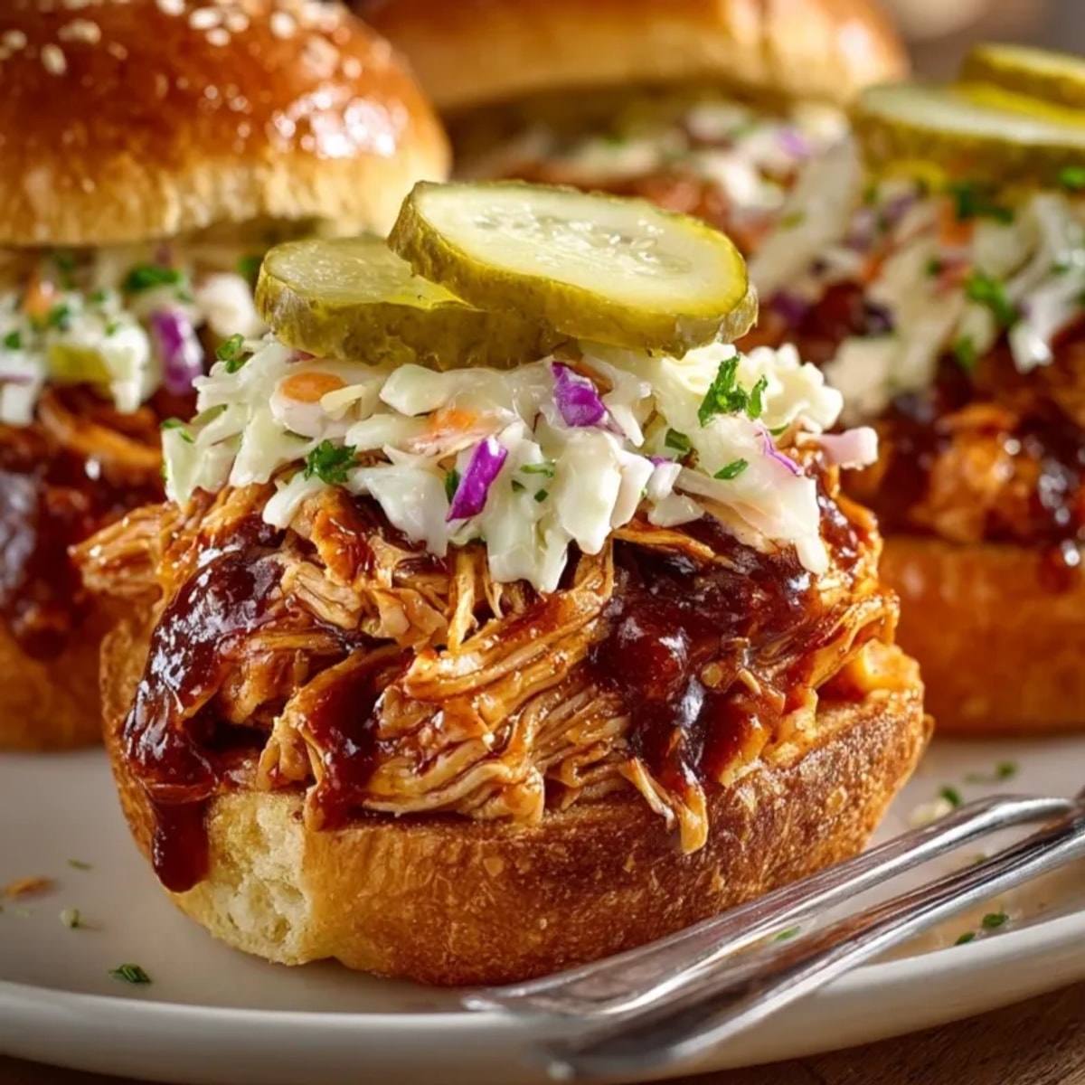 Close-up of spicy BBQ chicken sliders with tangy sauce dripping, a summer grilling favorite.