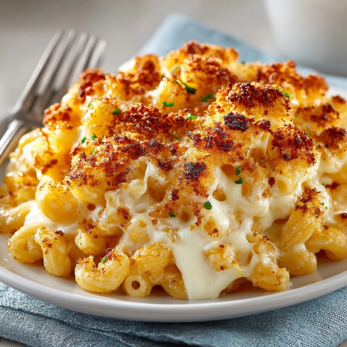 Creamy, golden baked Classic Macaroni and Cheese bubbling hot, ready for a family dinner.