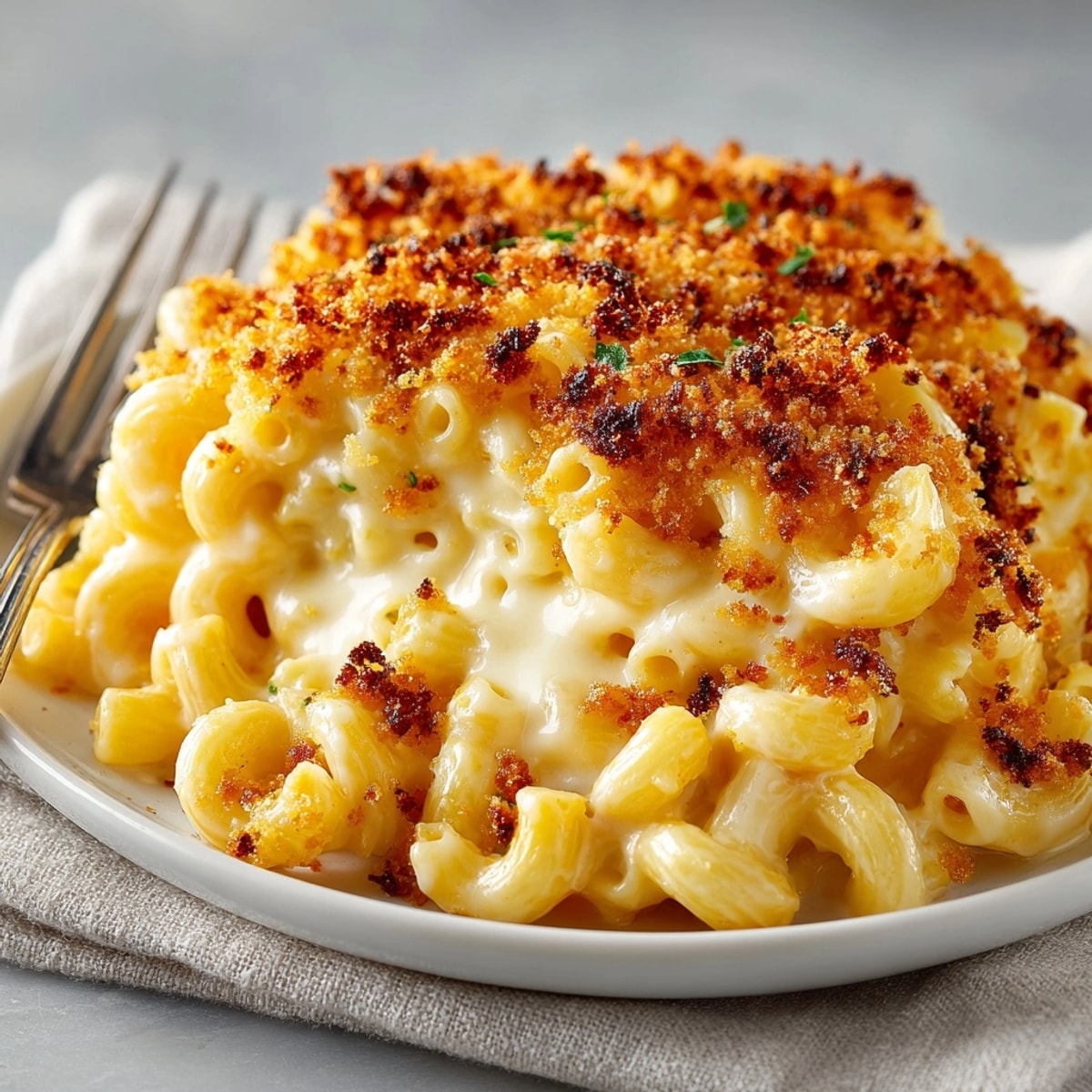Close-up of gooey Classic Macaroni and Cheese, sharp cheddar aroma filling the kitchen.