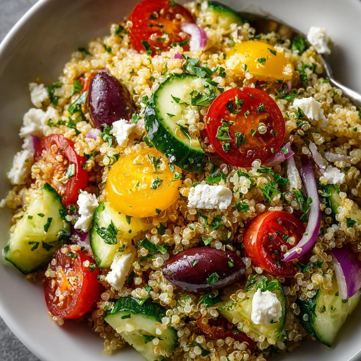 Bright Lemon Herb Quinoa Salad glistening with a light dressing, ready for lunch.