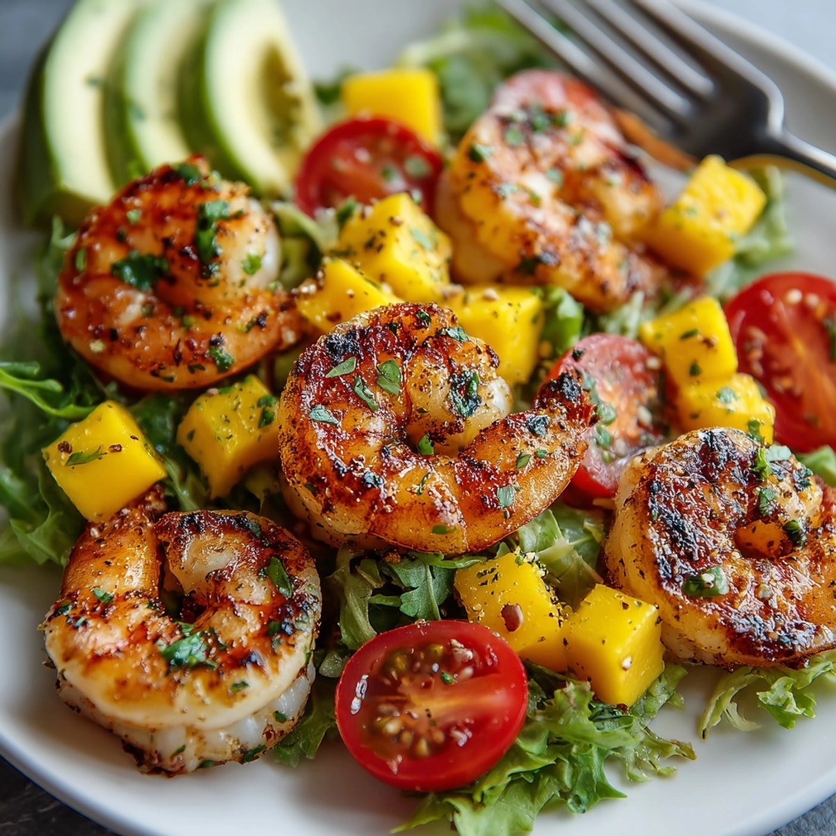 Tangy Grilled Shrimp Mango Salad with cilantro-lime dressing, ready to be served.