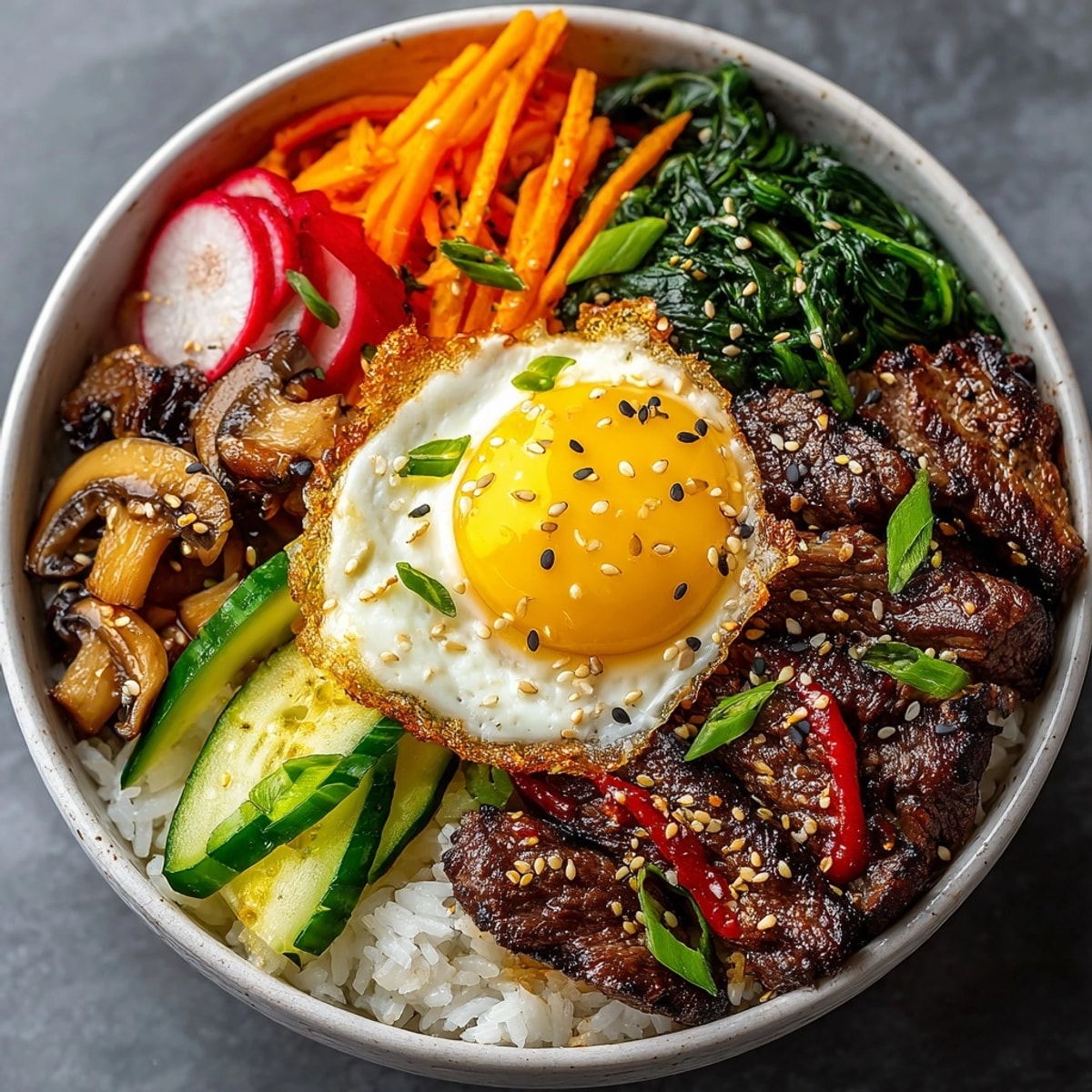 Korean Beef Bibimbap Bowls: a hearty, colorful meal with seasoned ground beef and crisp veggies.