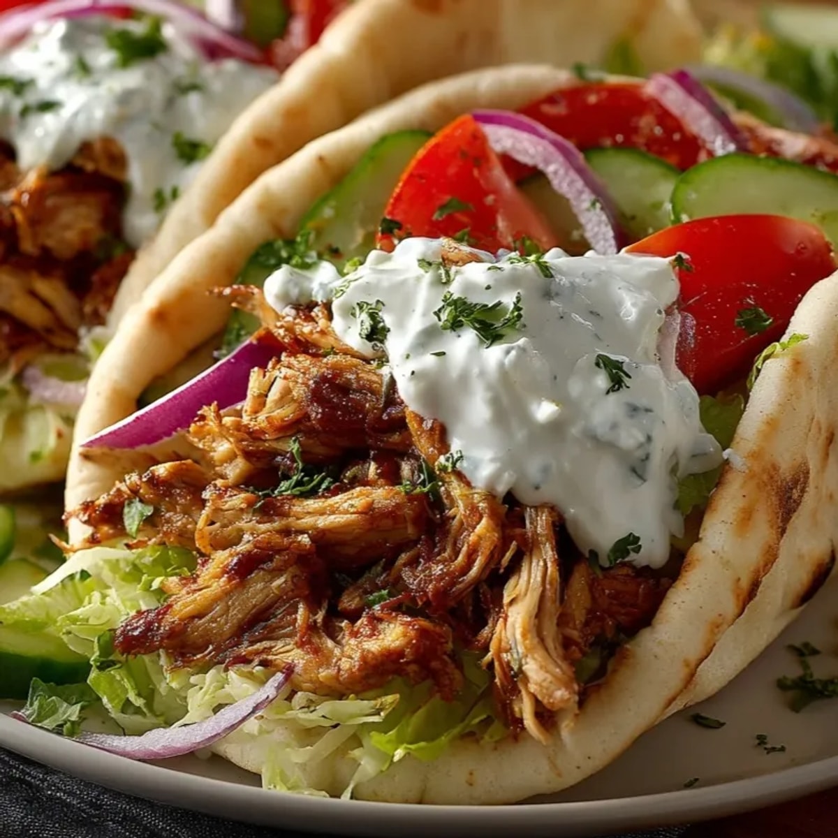 Juicy Mediterranean Chicken Gyros, tangy tzatziki sauce, and warm pita bread pictured.