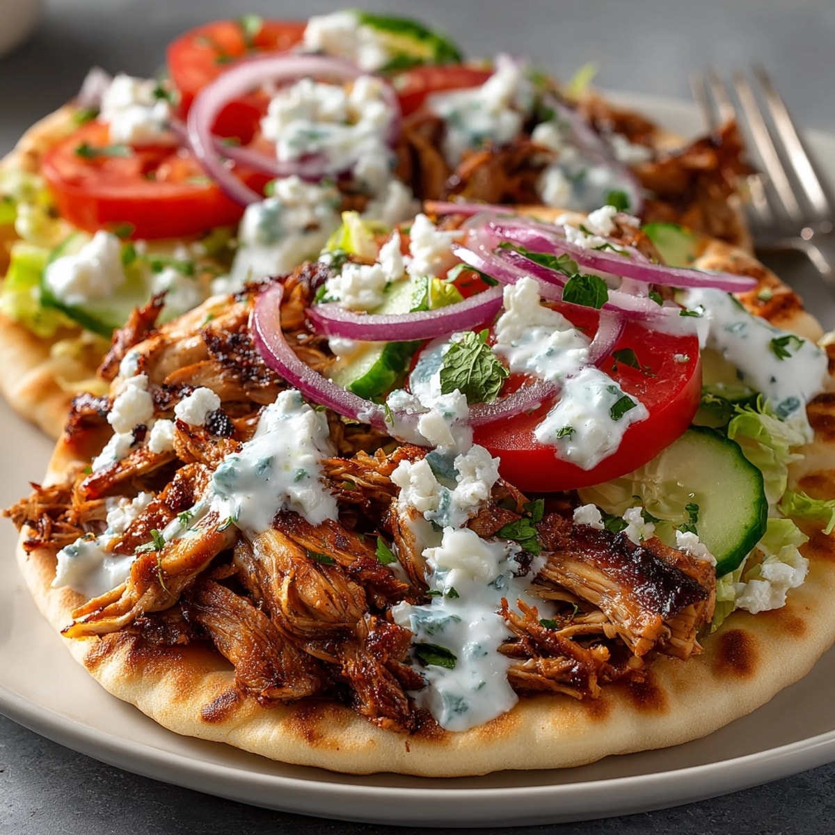 Homemade Mediterranean Chicken Gyros: seasoned chicken, fresh vegetables, and creamy sauce.