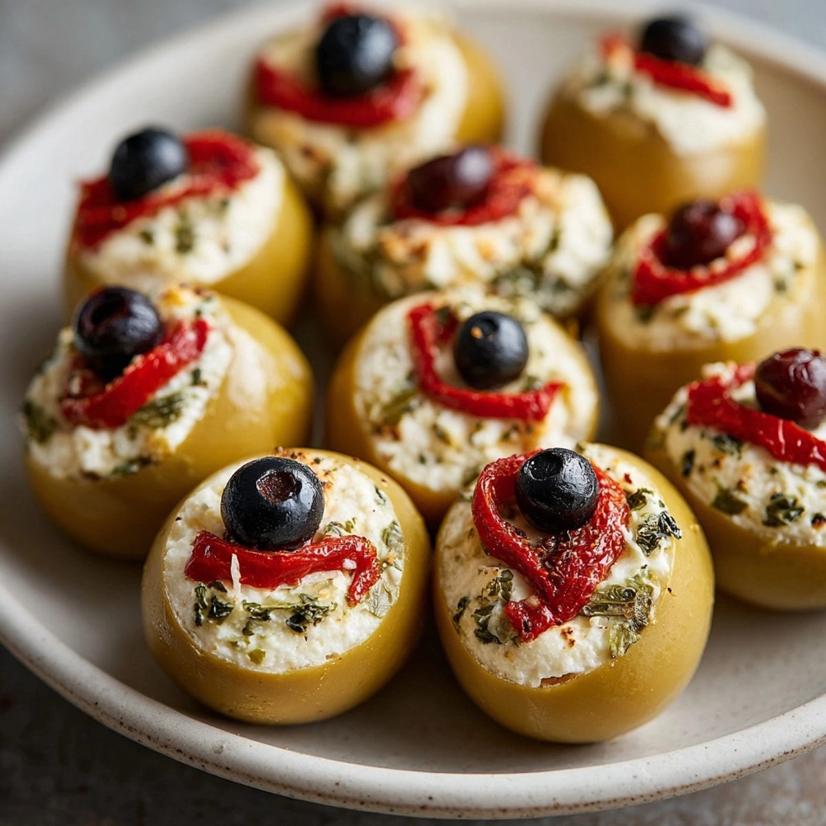 Easy recipe: Fill green olives with cheese, red pepper, black olive "eyeball."
