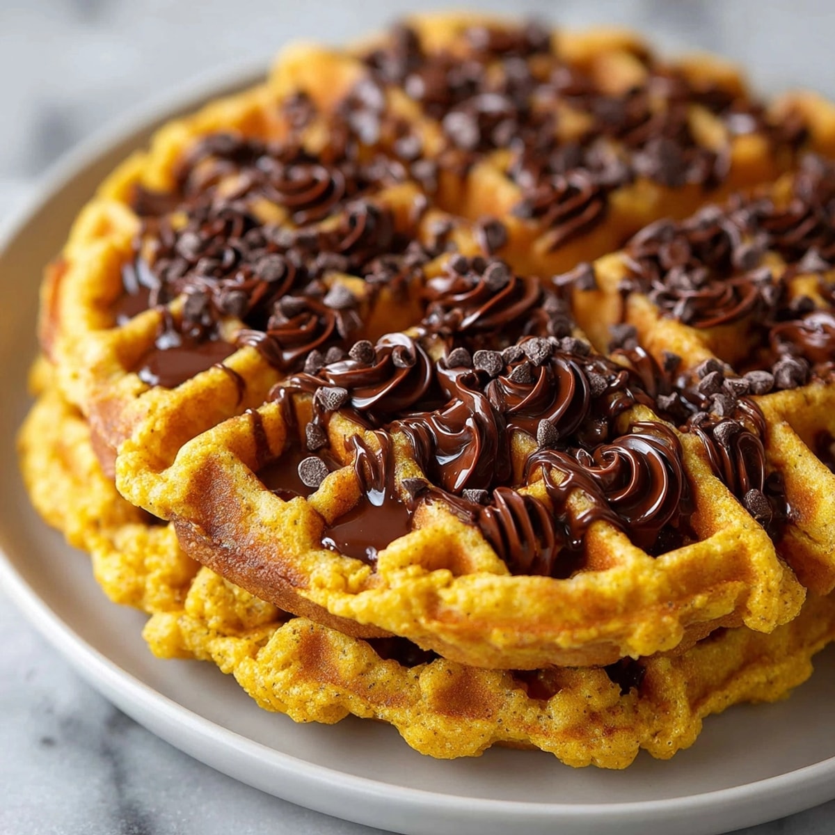 Homemade pumpkin spice waffles and chocolate web—a comforting, simple autumn breakfast.