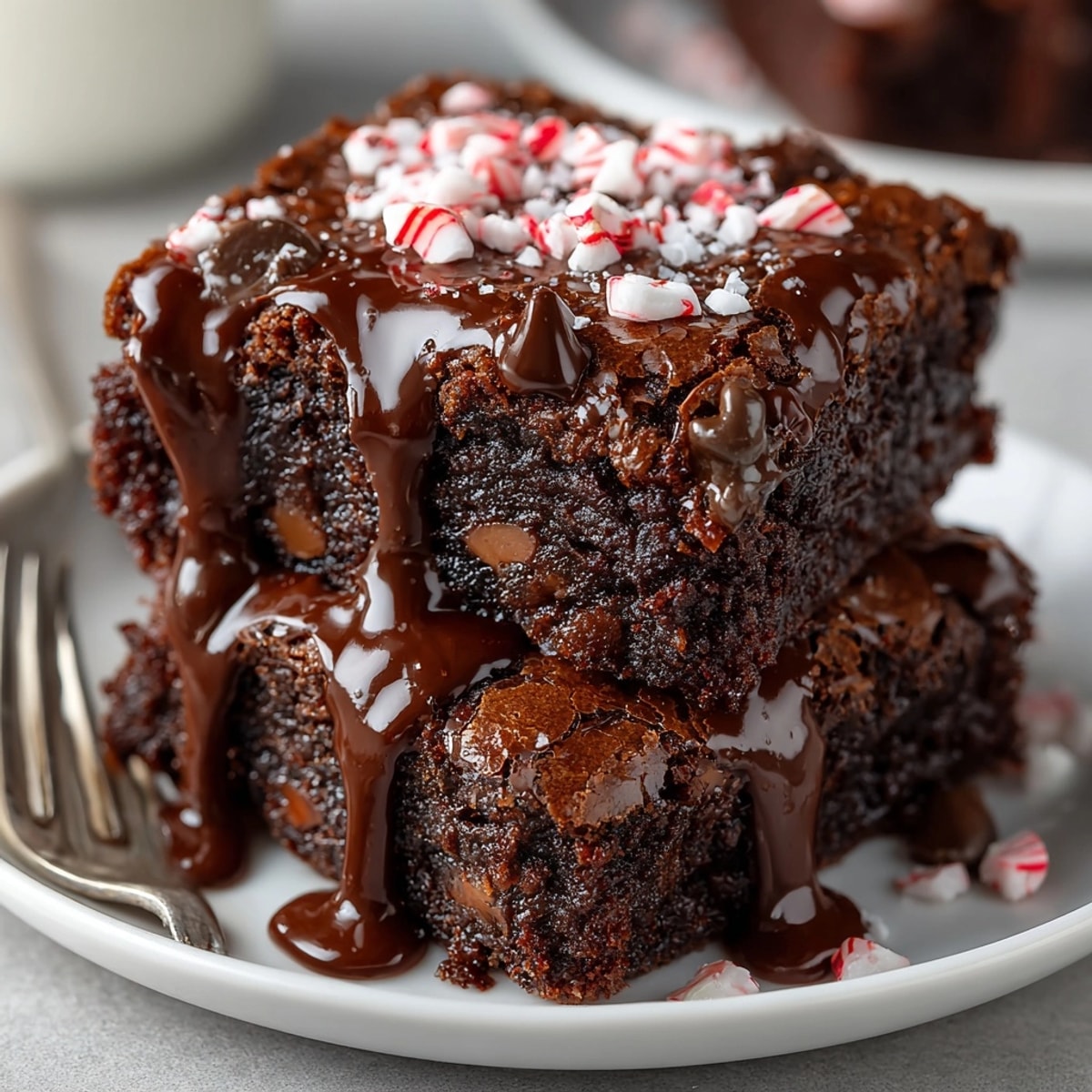 Top-down view of glossy Peppermint Mocha Brownies, garnished with crushed candy canes, holiday baking.