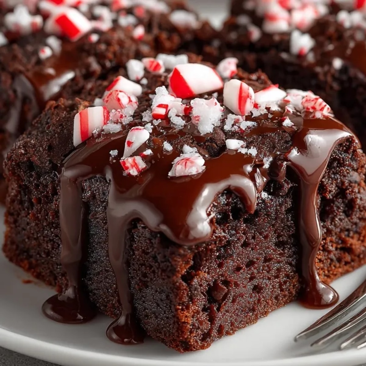Fudgy Peppermint Mocha Brownies with a smooth chocolate glaze and festive peppermint candy topping.