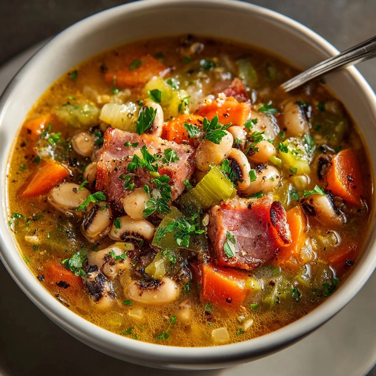 Close-up of steaming Black-Eyed Pea Stew, aromatic herbs garnish the hearty bowl.