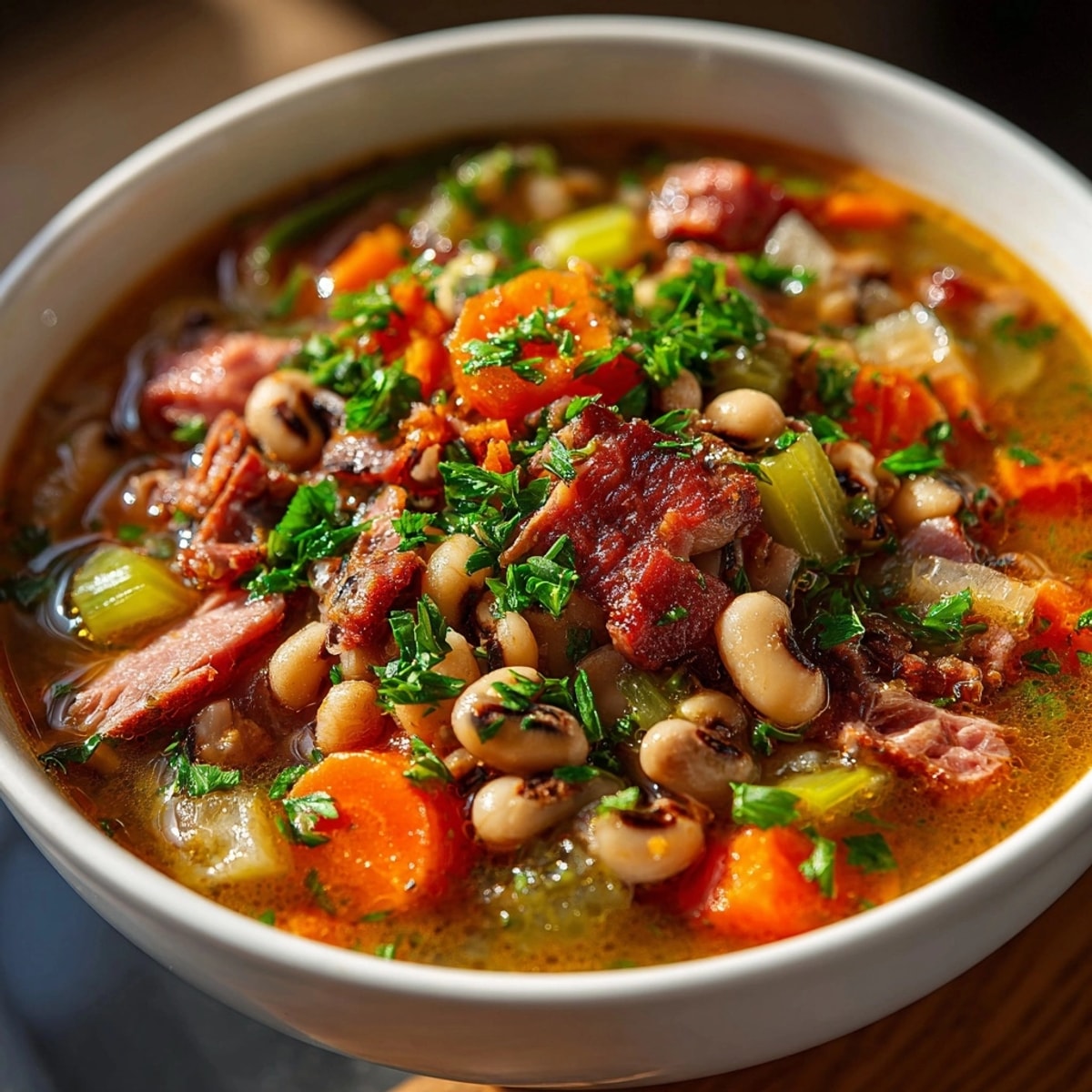 Comforting Black-Eyed Pea Stew simmering in a Dutch oven, rich with smoky ham flavor.