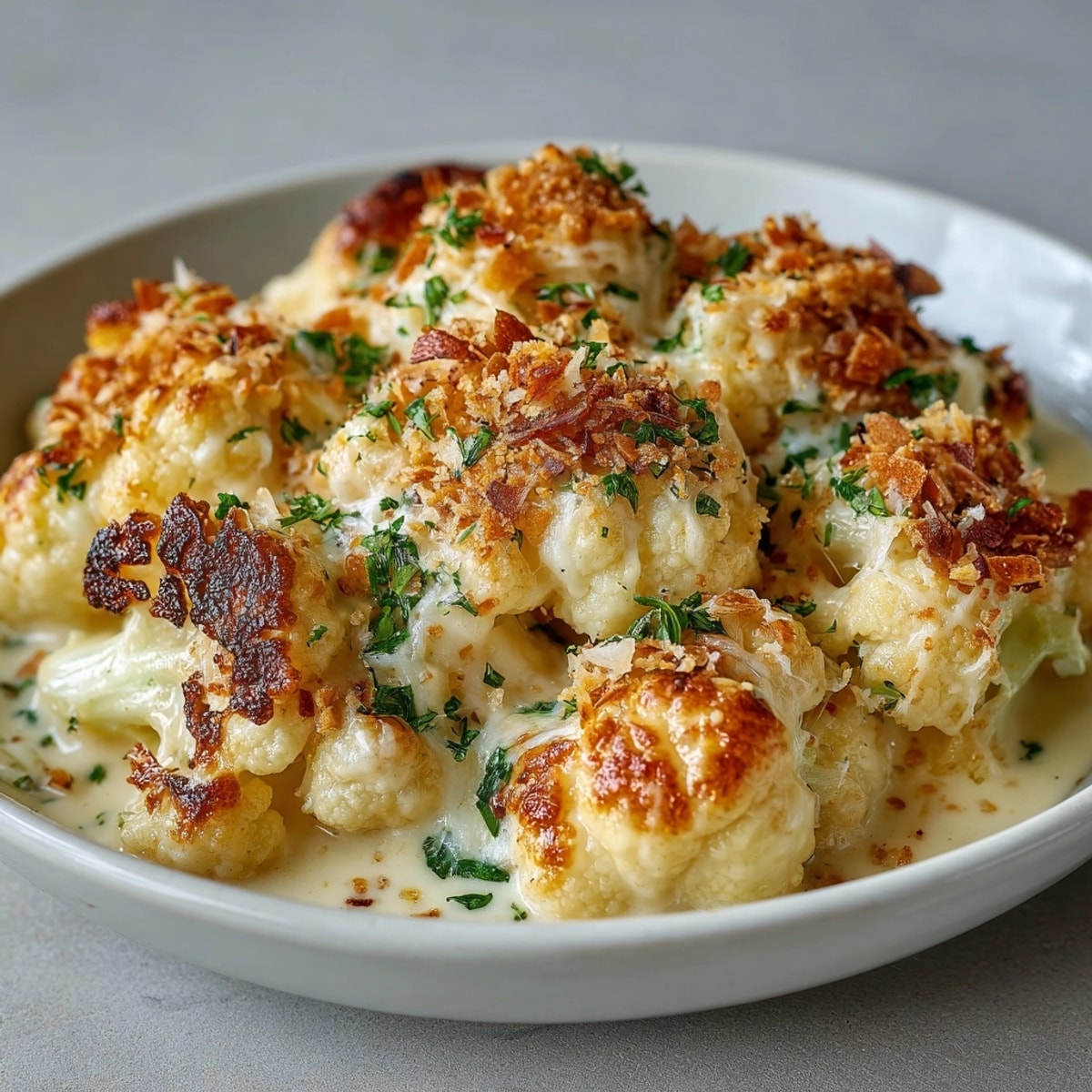 Homemade Cheesy Cauliflower Gratin, a comforting low-carb side dish ready to be served.