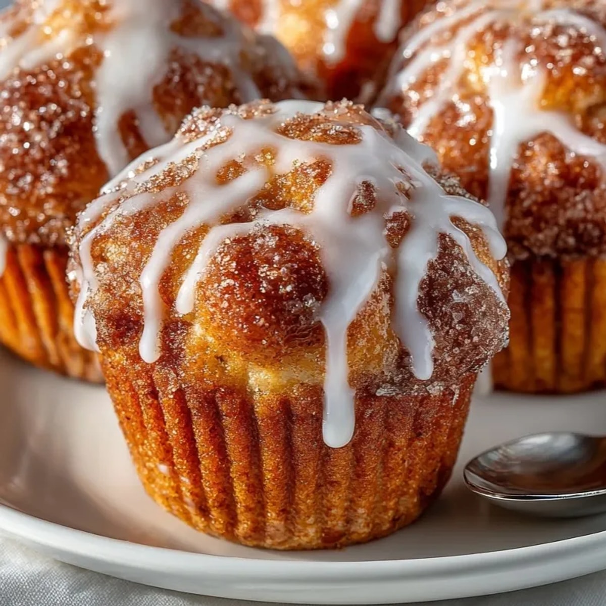Golden-brown Pull-Apart Cinnamon Monkey Bread Muffins glistening with sweet glaze inviting a warm bite.