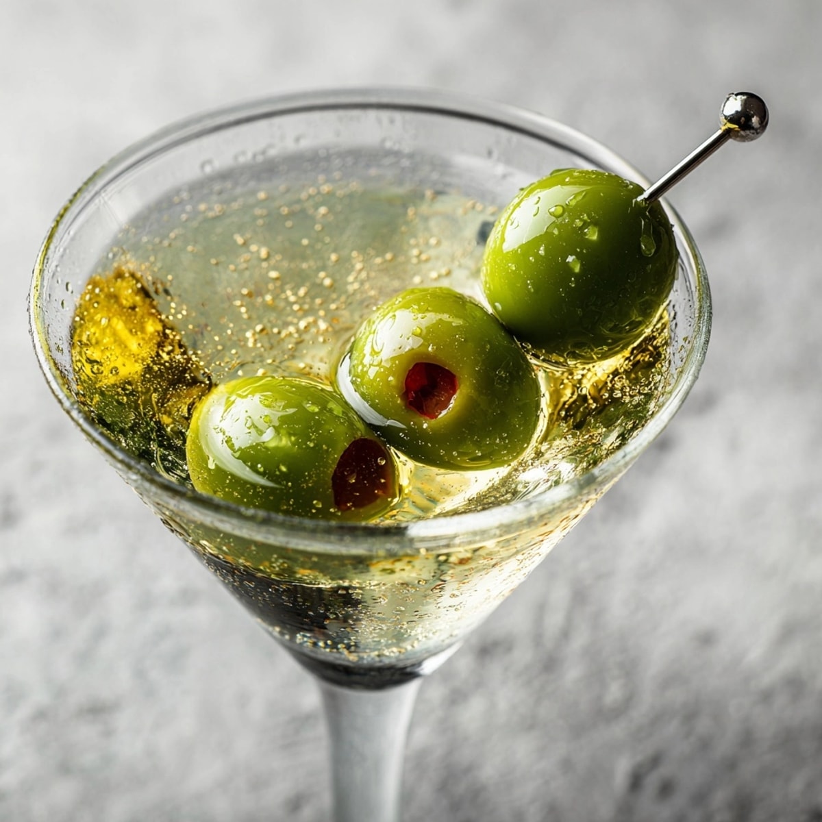 Close-up of a refreshing, salty Filthy Martini with vibrant green olive garnish detail.