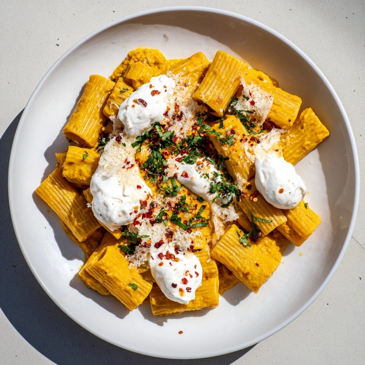 Close-up of Whipped Ricotta Pumpkin Pasta, a vibrant autumn comfort food dish.