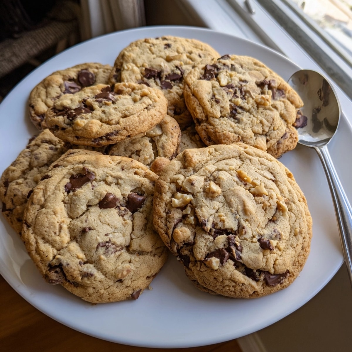 Homemade chocolate chip cookies on a cooling rack, buttery aroma fills the sunny kitchen.