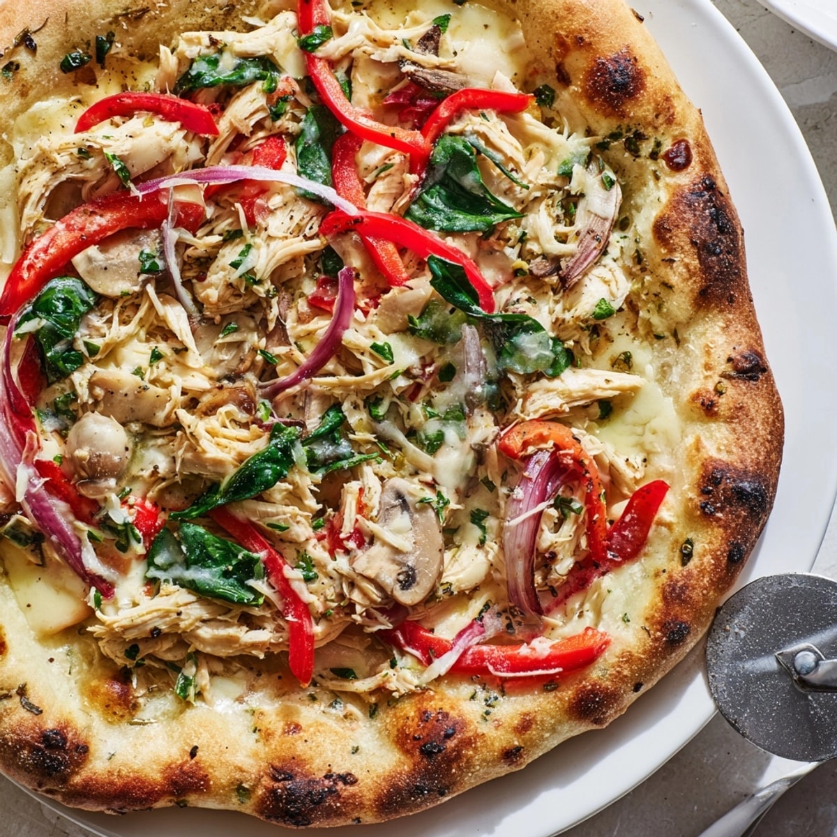 Homemade Alfredo Chicken Veggie Pizza: Enjoy a slice of this warm, savory pizza tonight!