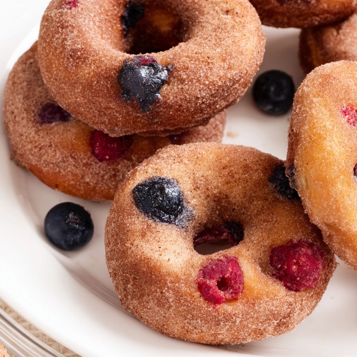 Freshly baked Protein Cinnamon Berry Doughnuts glistening; cinnamon sugar dusting on warm, tempting treats.