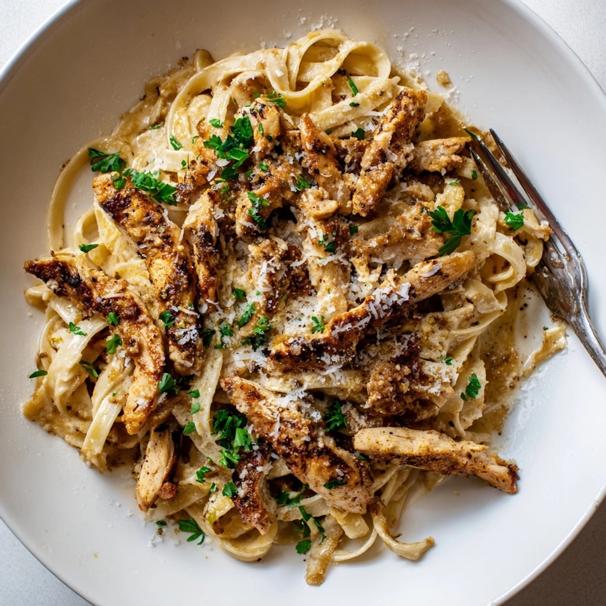 Creamy Cajun Spiced Turkey Alfredo: golden turkey tossed with rich, cheesy pasta.