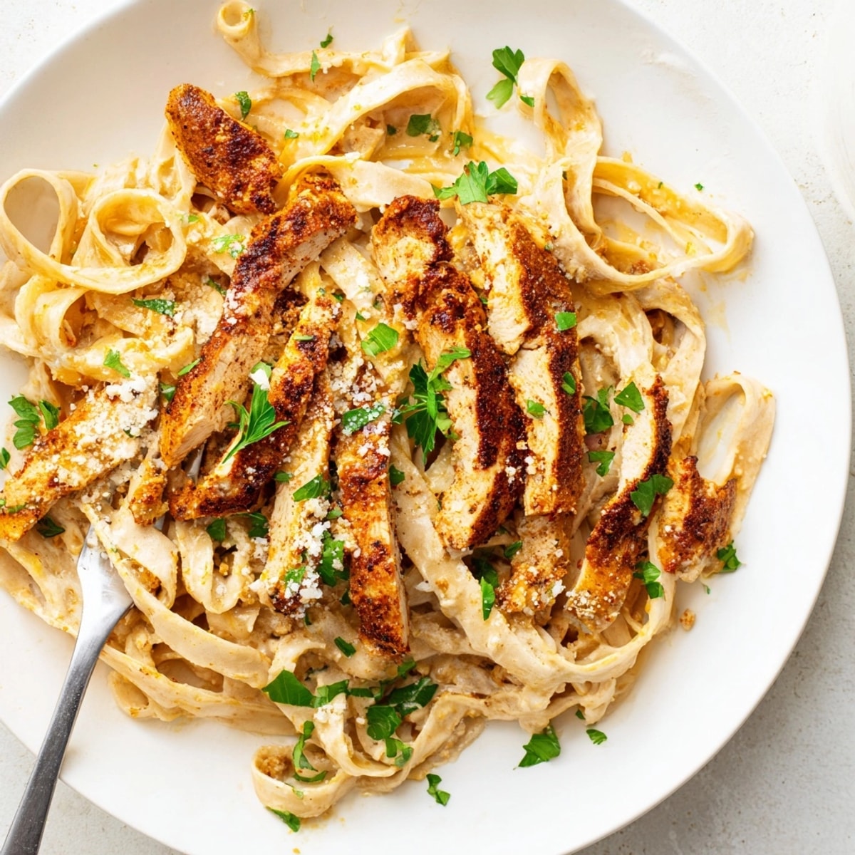 Close-up of savory Cajun Spiced Turkey Alfredo garnished with fresh parsley.