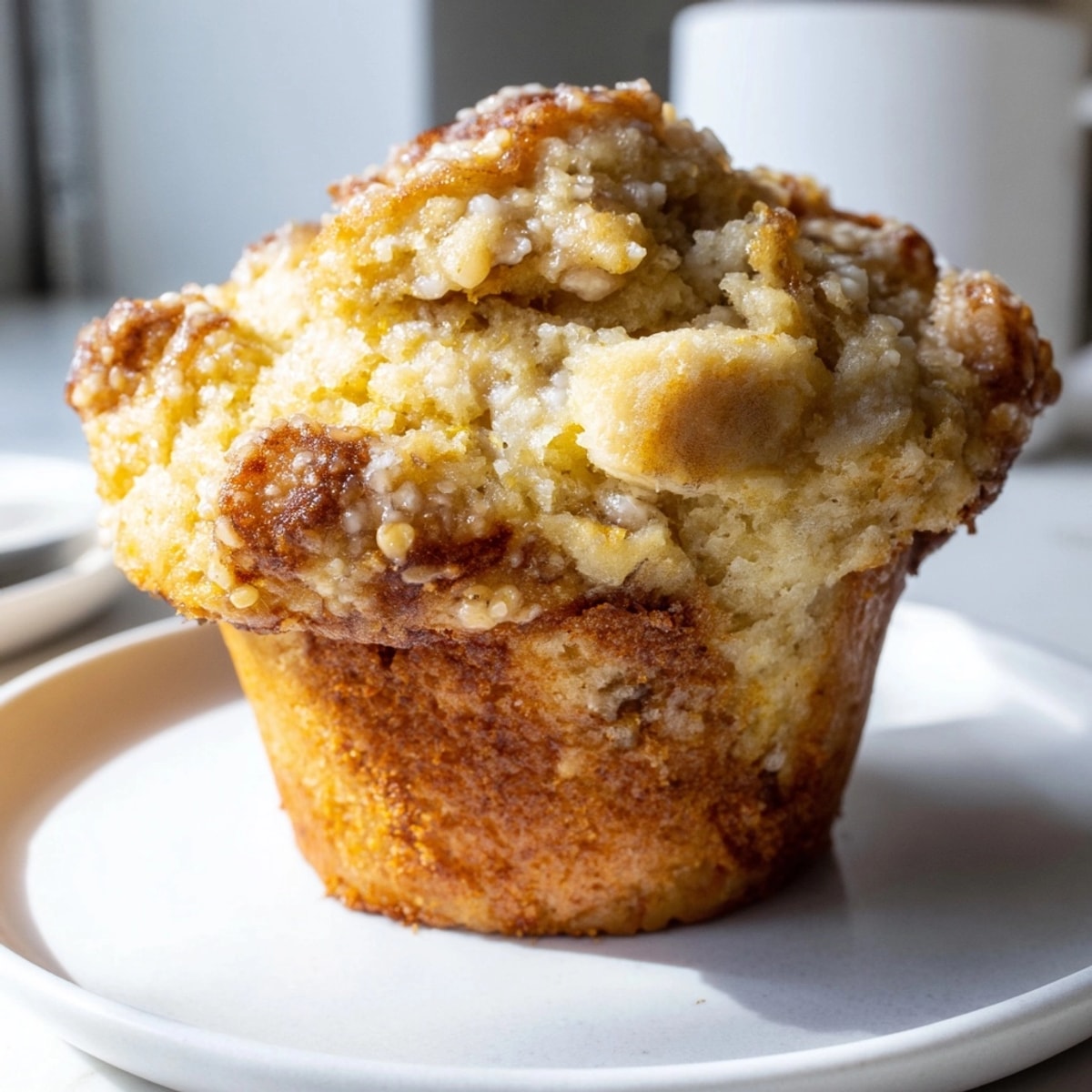 Fresh Ricotta Citrus Banana Muffins, golden brown, speckled with turbinado sugar, ready to serve.
