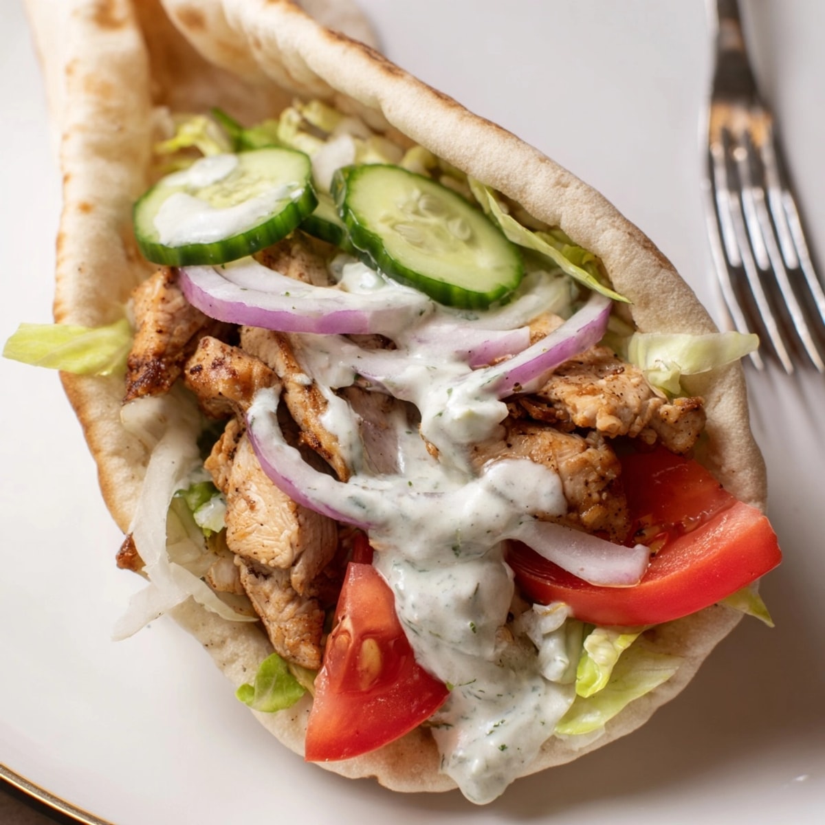 Overstuffed Garlic Ranch Chicken Pita Sandwich with juicy chicken and crisp lettuce.