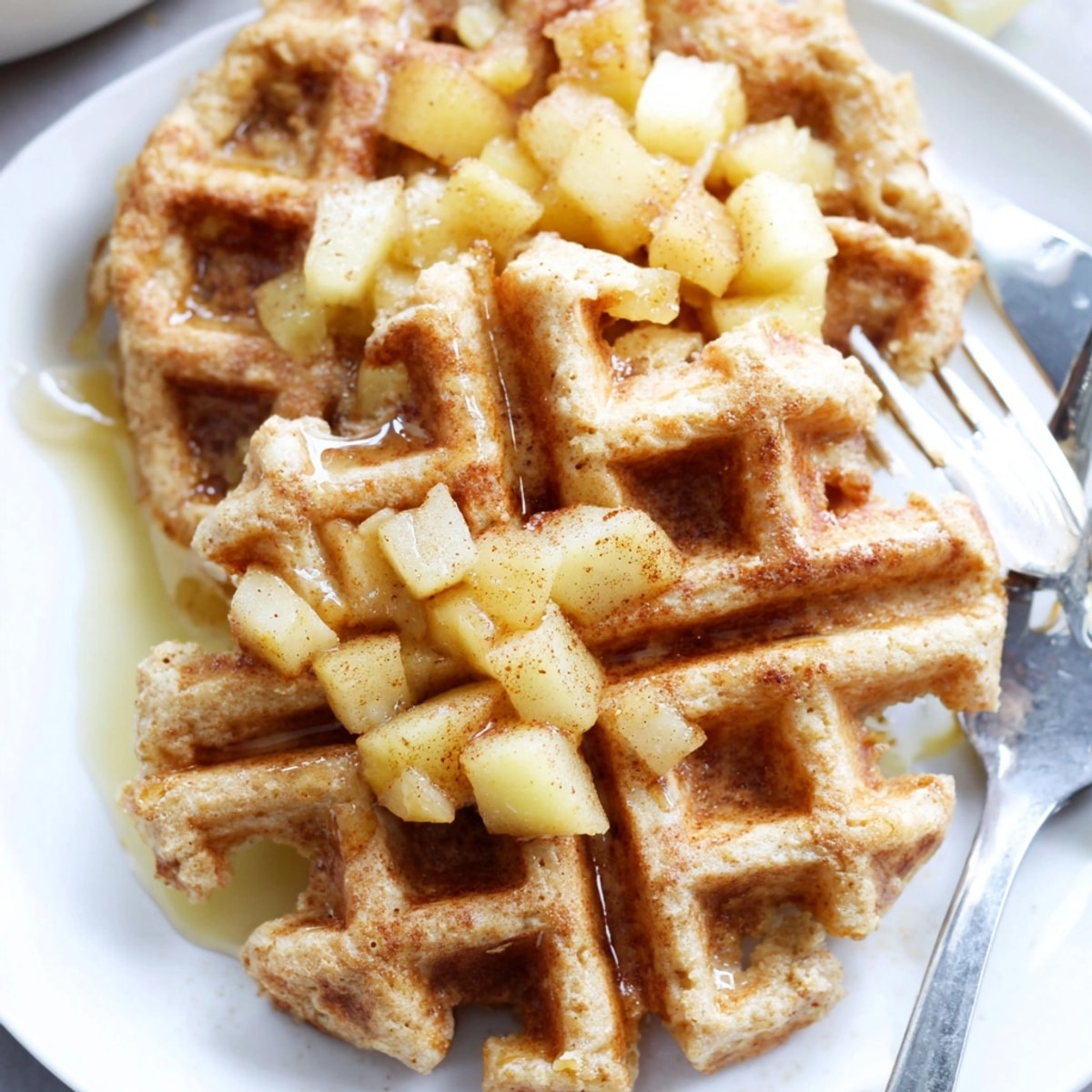 Golden Cinnamon Apple Protein Waffles, warm and fragrant, are drizzled with sweet maple syrup.
