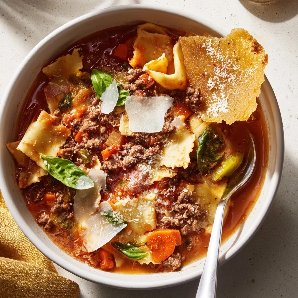 Hearty Lasagne Soup garnished with crispy Parmesan chips and fresh basil.  