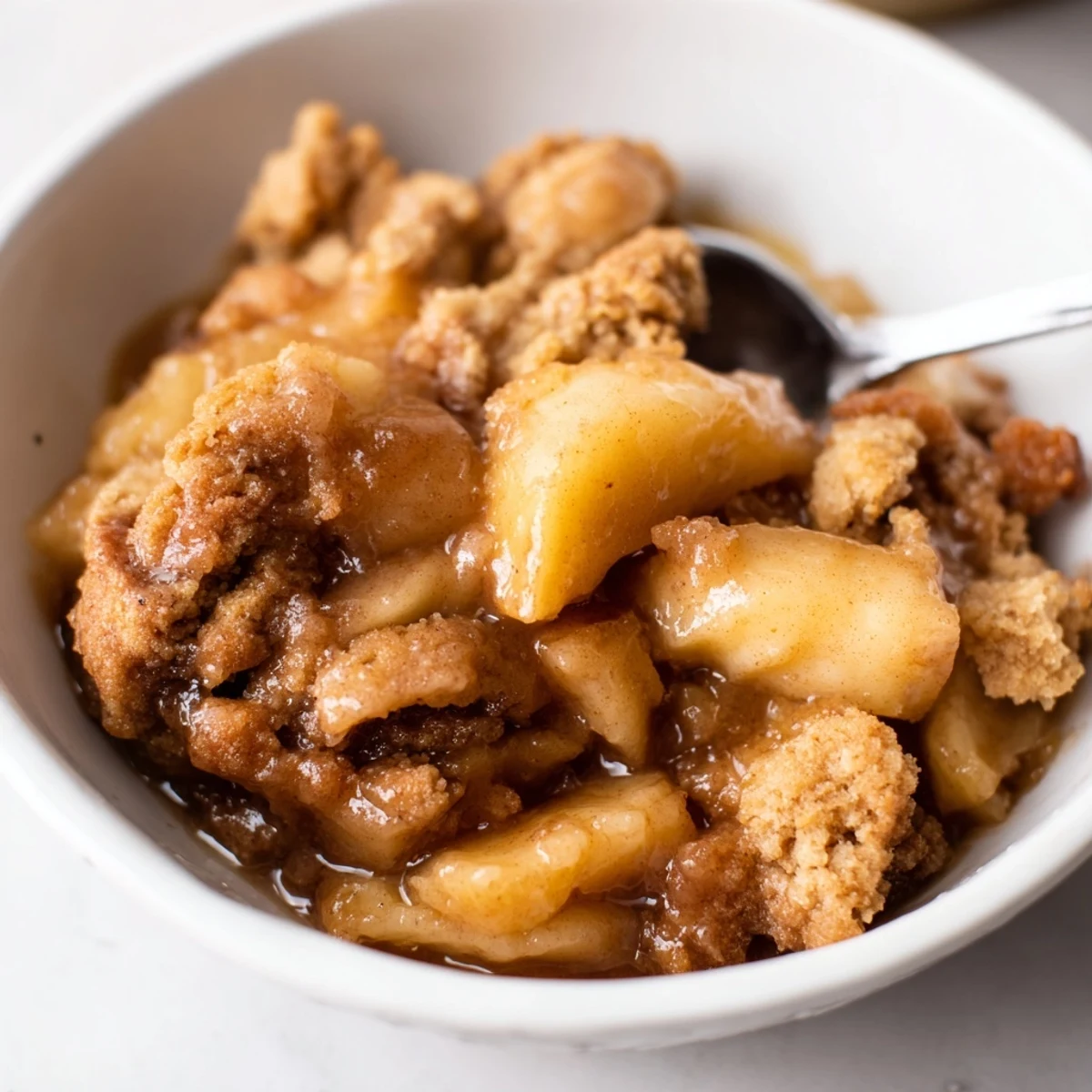 Cozy bowl of Gingerbread Caramel Apple Cobbler features caramel-coated apples and spiced crust.