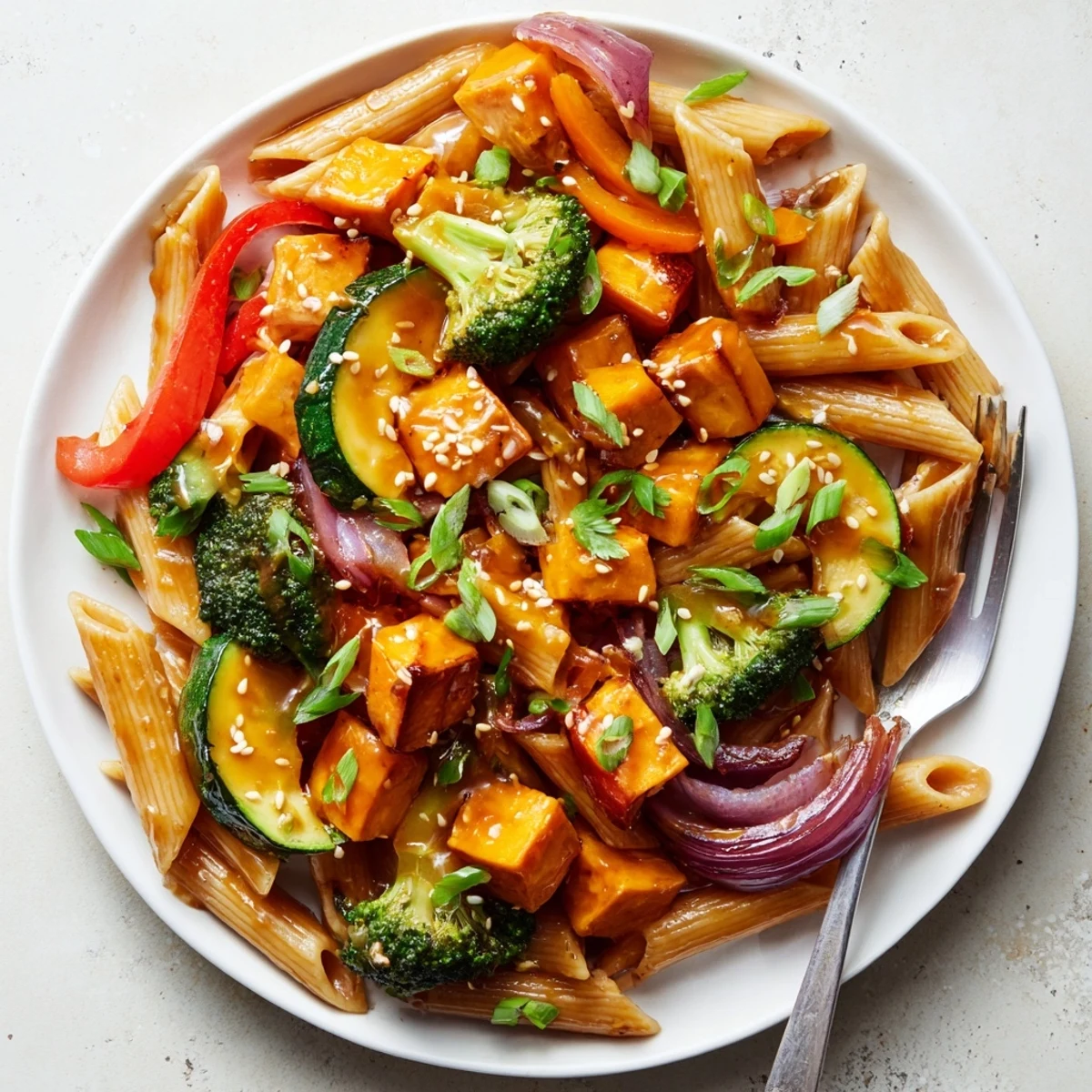 Miso Maple Roasted Veggie Pasta topped with sesame seeds and fresh herbs.  