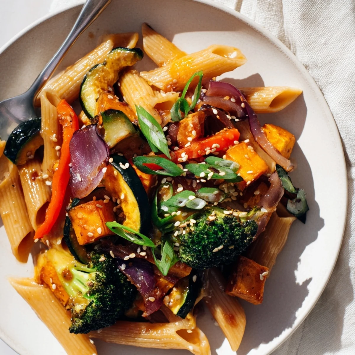 A colorful bowl of Miso Maple Roasted Veggie Pasta with caramelized vegetables.  