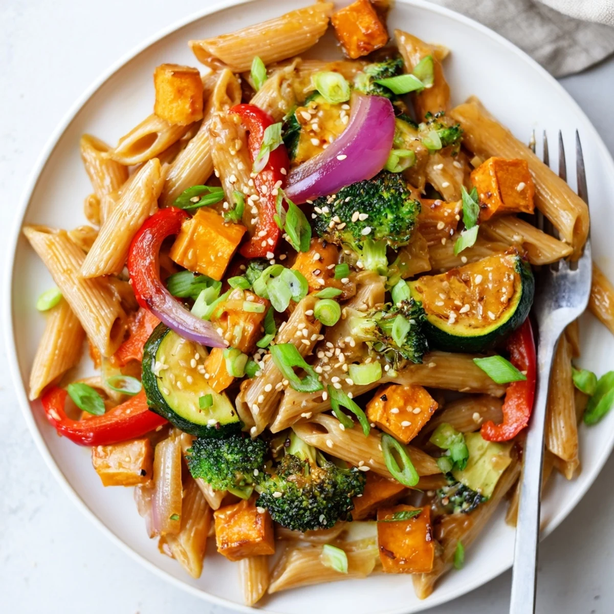 Delicious Miso Maple Roasted Veggie Pasta, blending sweet and savory flavors beautifully.