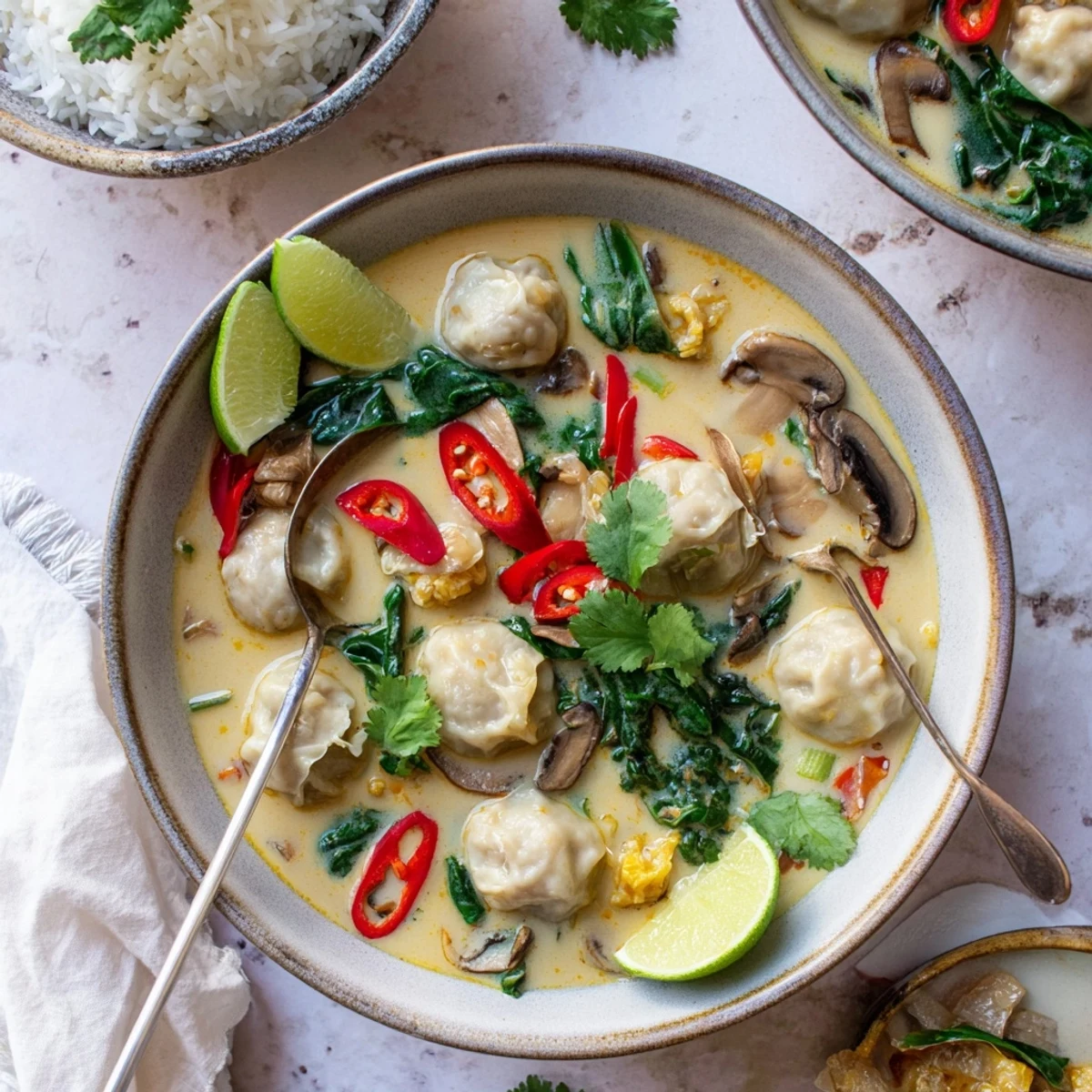 Warm Thai Coconut Meatball Soup Bowls topped with fresh herbs and zesty lime wedges.  