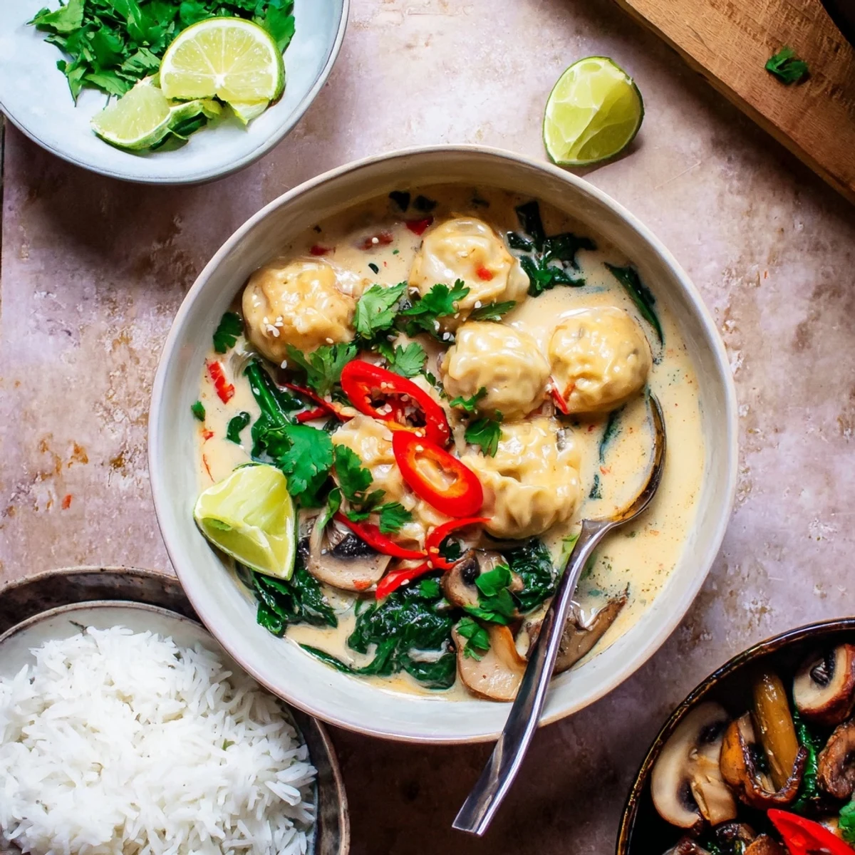 Comforting soup featuring tender meatballs in rich coconut broth with colorful vegetables.  