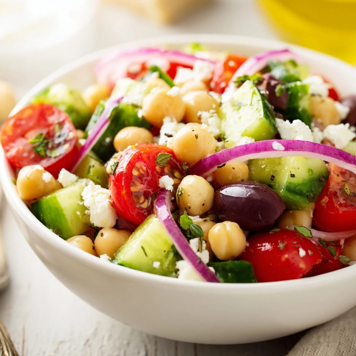 Vibrant Greek salad with chickpeas, feta, and colorful veggies drizzled in olive oil.  