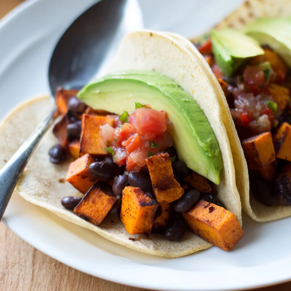 Delicious Sweet Potato Black Bean Tacos topped with creamy avocado and zesty salsa.  