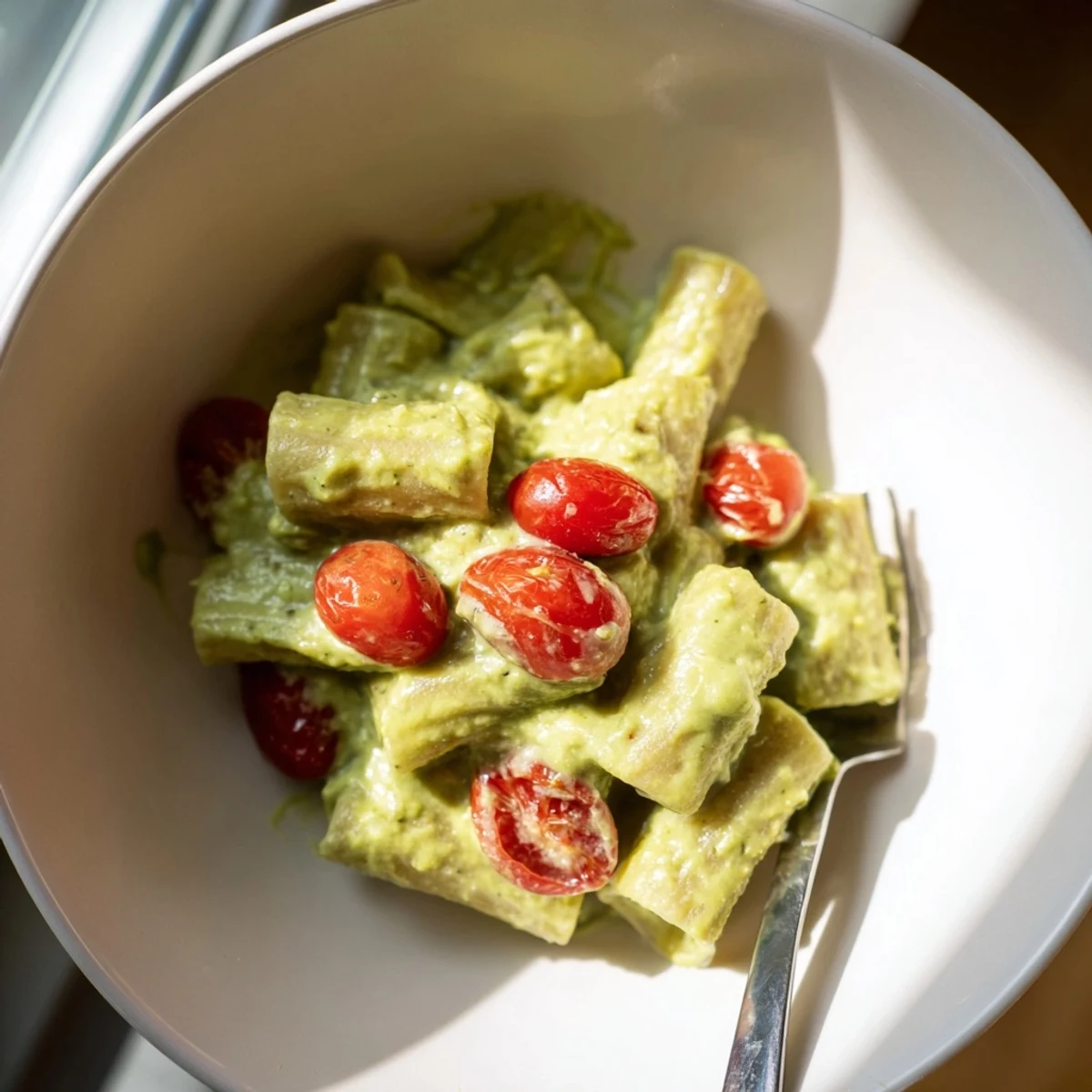 Creamy avocado pasta tossed with vibrant cherry tomatoes and silky sauce.  