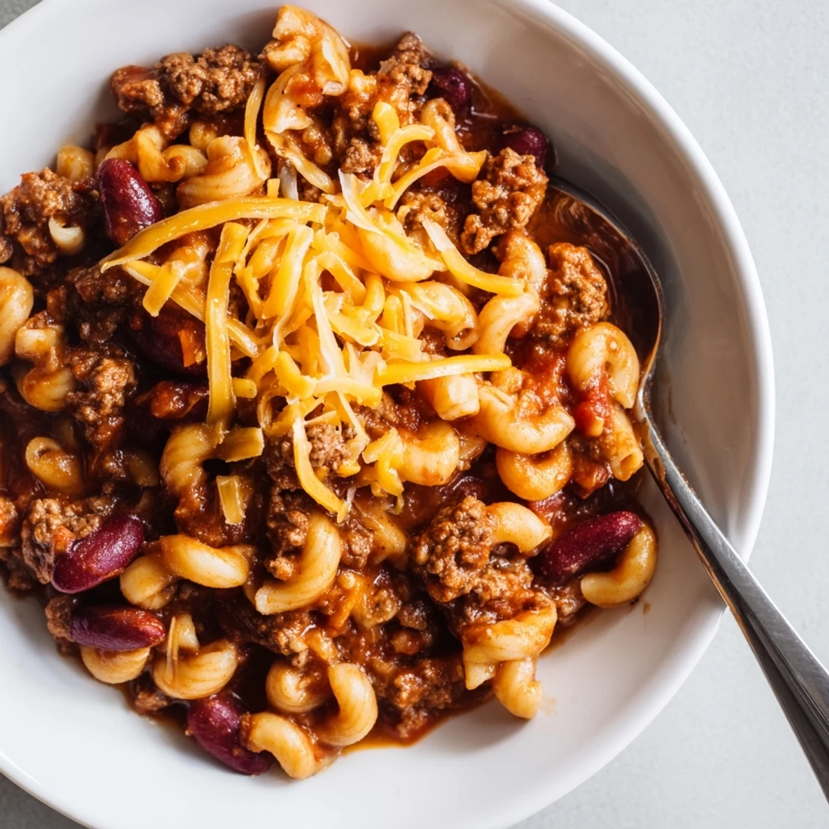Hearty one-pot chili mac topped with melted cheddar, perfect for chilly evenings.  