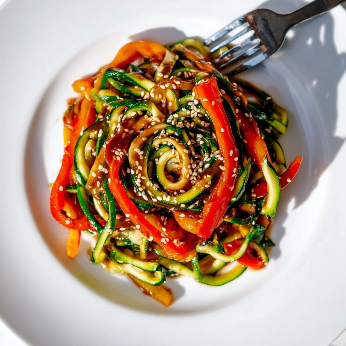 Quick and healthy zucchini noodle stir-fry, drizzled with savory sesame oil.  