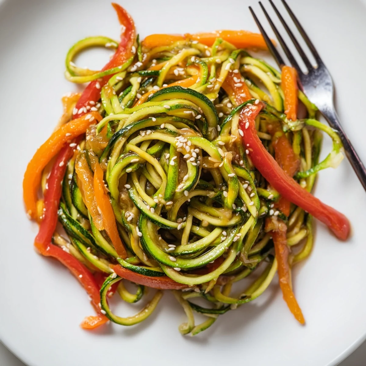 Colorful zucchini noodle stir-fry, perfect served hot with sesame seeds on top.