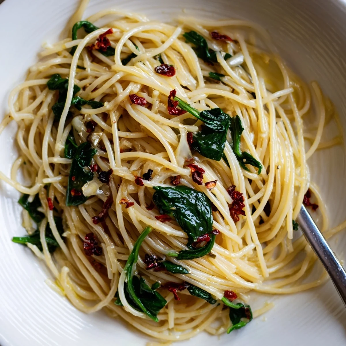 A vibrant plate of Spaghetti Aglio e Olio with spinach glistening in olive oil.  
