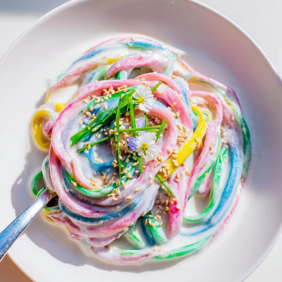 Whimsical Neon Noodle Cloud served in creamy sauce, perfect for colorful family dinners.  