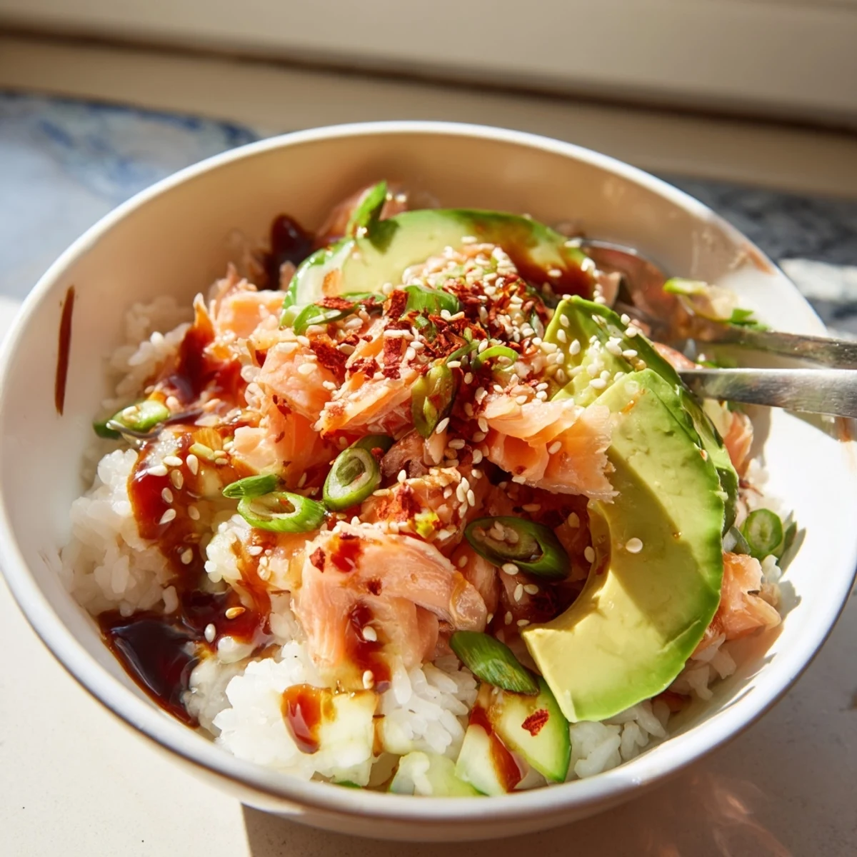 A colorful Leftover Salmon & Rice Bowl topped with fresh avocado and cucumber.  