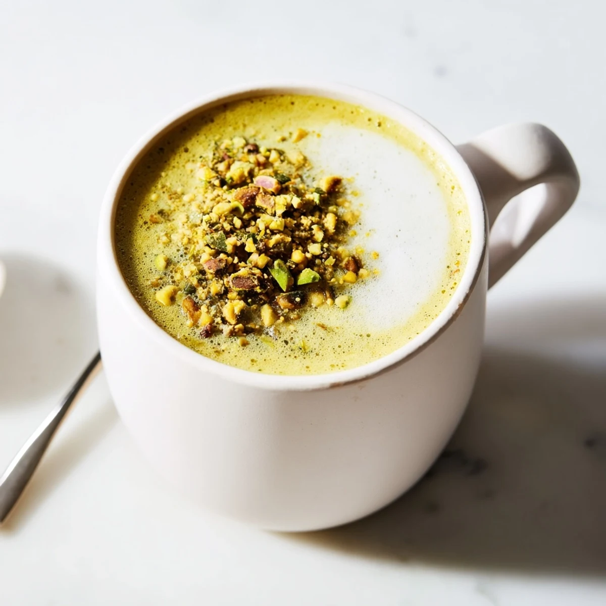 Creamy pistachio milk latte topped with crushed nuts for a delicious twist.  