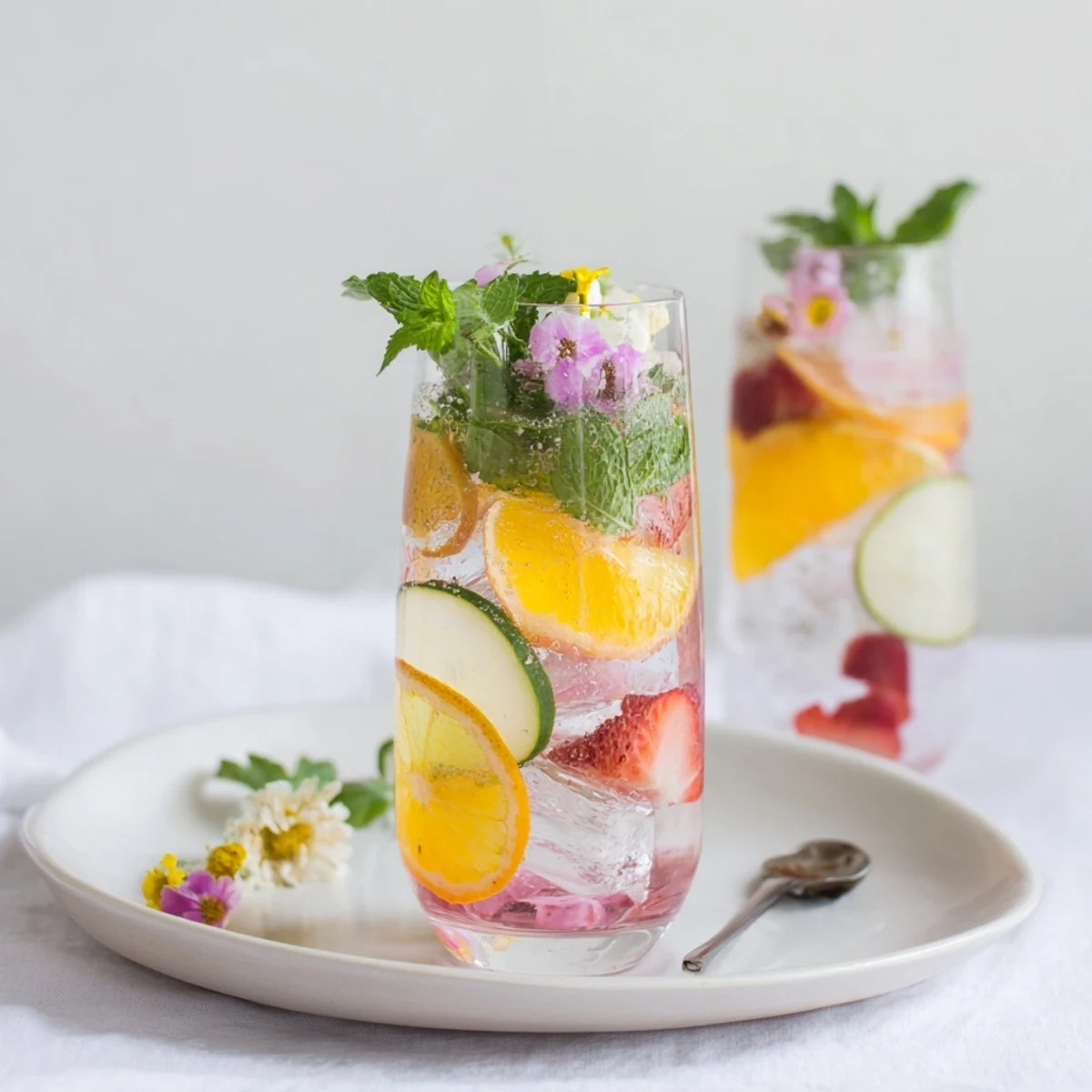 Refreshing water-based mocktails with fresh fruit and herbs in tall glasses.  
