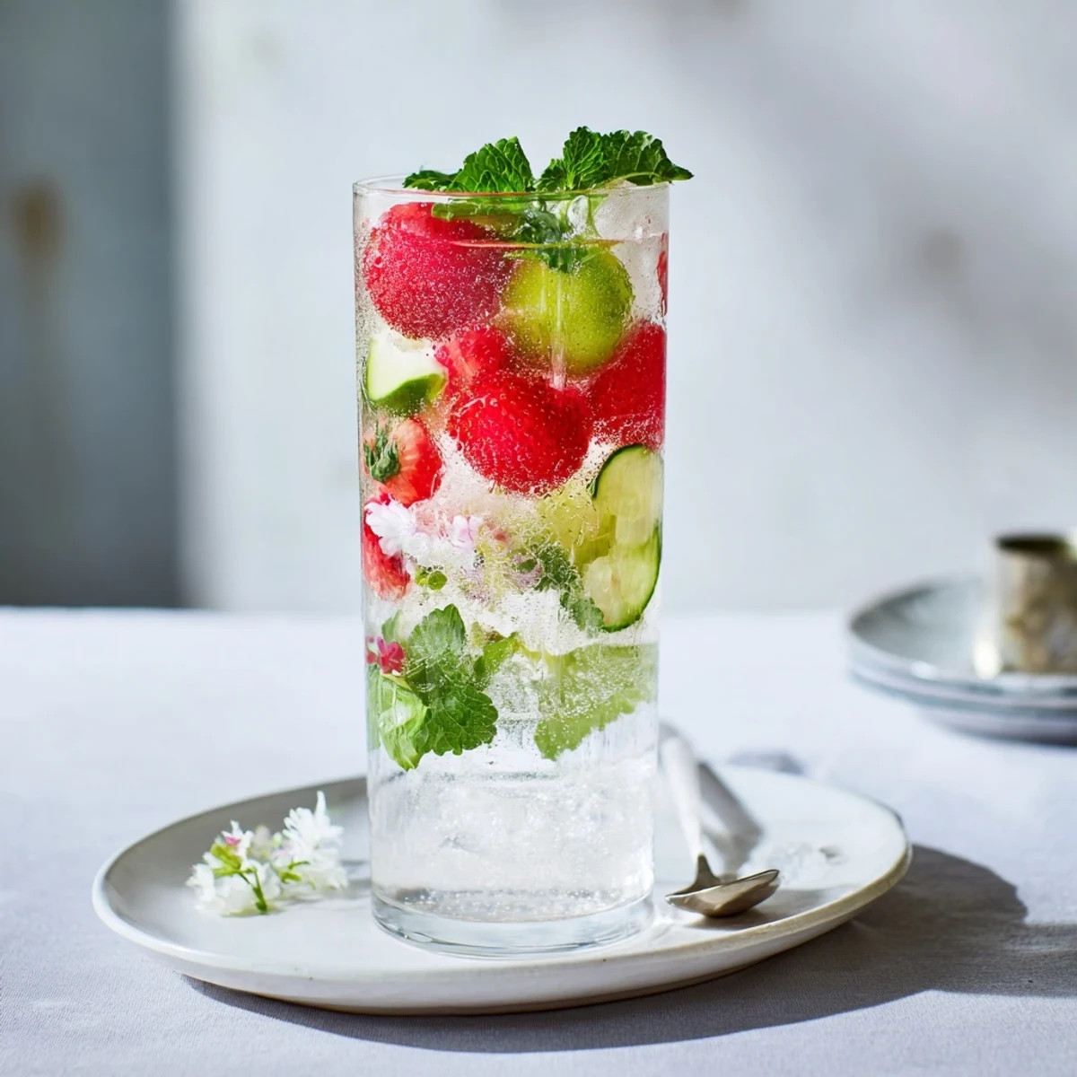 Colorful mocktails blend strawberry syrup and mint leaves for a vibrant drink.  