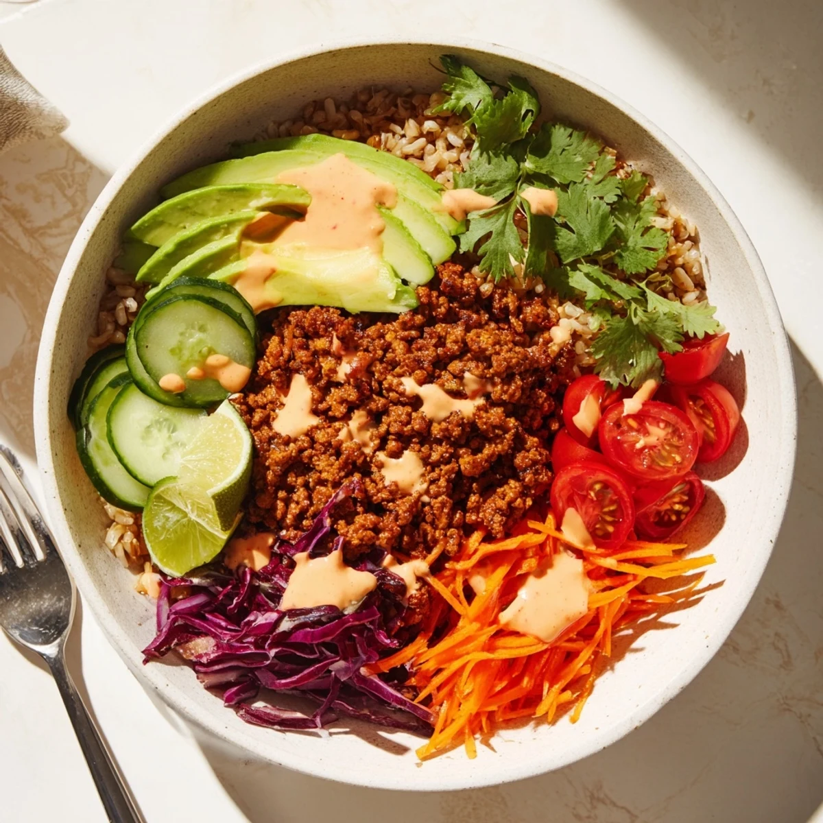 A colorful plant-based meat bowl topped with fresh avocado and vibrant vegetables.  