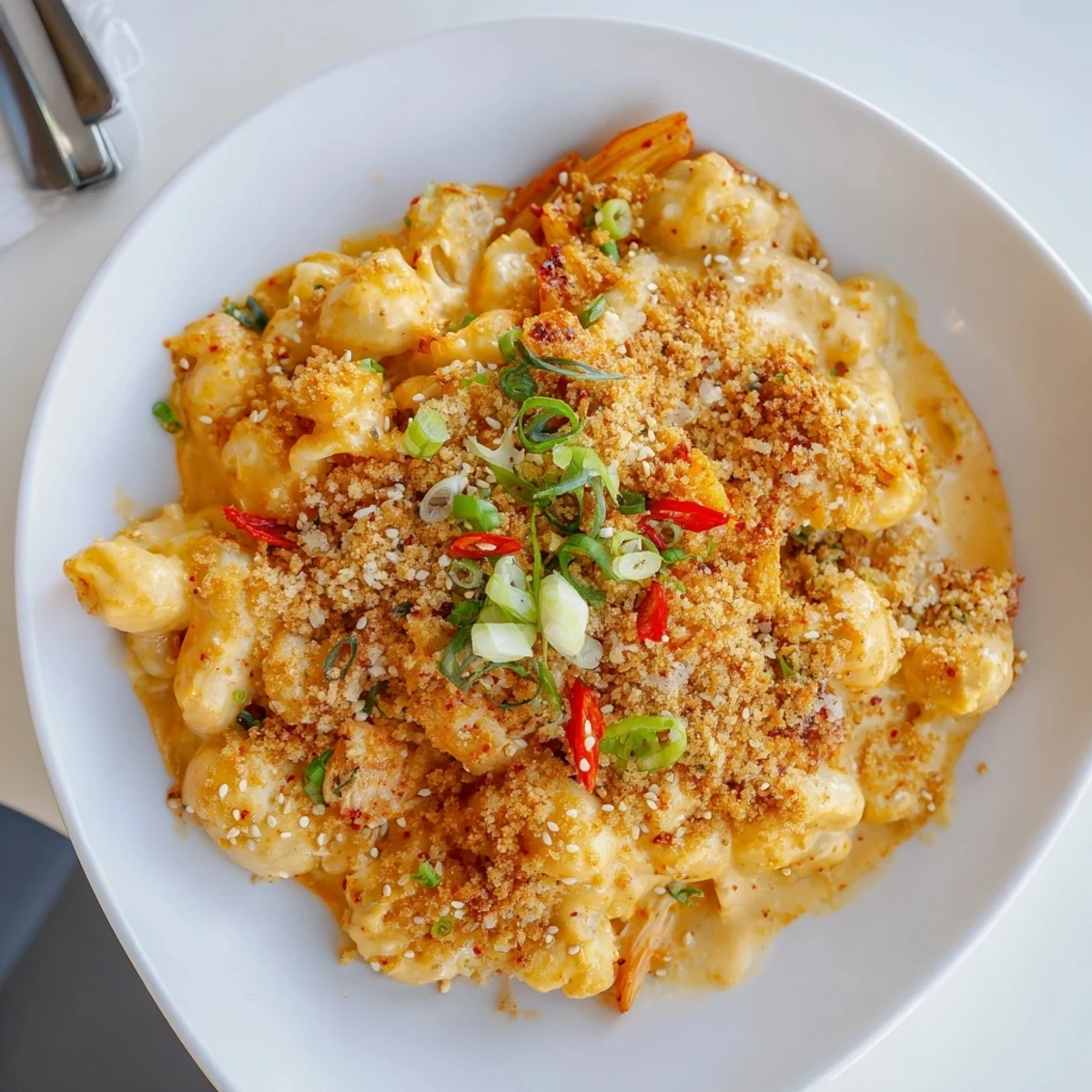 Deliciously creamy Spicy Kimchi Mac & Cheese topped with crunchy sesame breadcrumbs.