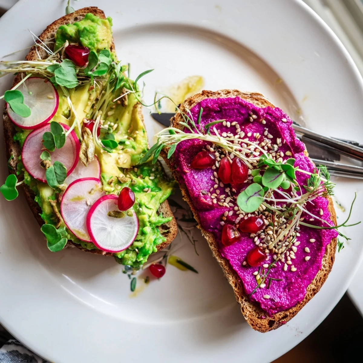 Vibrant Bright & Bold Breakfast Toasts topped with ube spread and fresh garnishes.