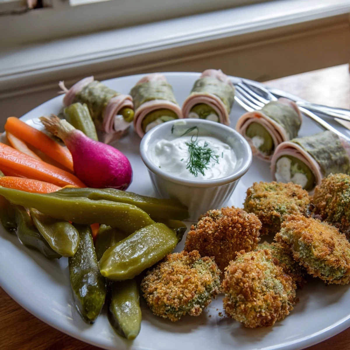 Colorful assortment of pickled vegetables complements the crispy fried pickles meal.